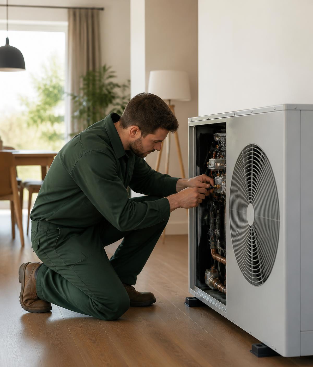 Green Care Energy technician servicing a residential heat pump