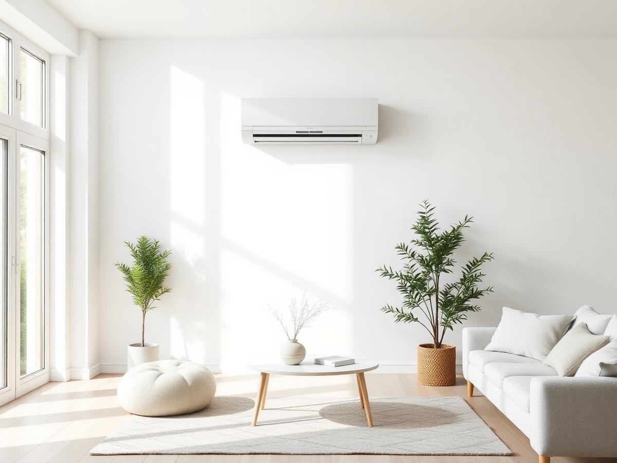 Modern living room with a wall-mounted heat pump