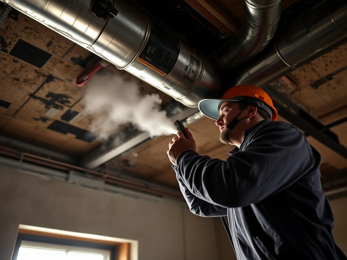 Technician restoring smoke and water damaged ductwork